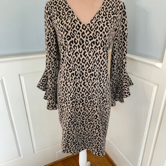 Trina Turk Ponte Stretch Knit Dress Ruffle Sleeve Formal Animal NEW NWT 4 - Picture 2 of 9